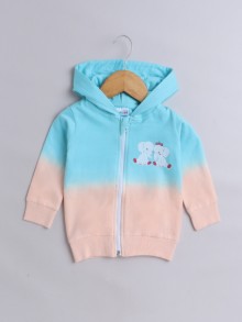 BUMZEE Blue & Peach Girls  Full Sleeves Cotton Hooded Zipper Sweatshirt