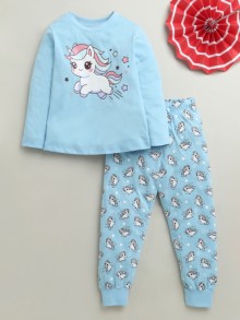 BUMZEE Blue Girls Full Sleeves Cotton T-Shirt & Pyjama Set