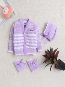 BUMZEE Lavender Baby Girls Full Sleeves Acrylic Blend Sweater With Cap & Socks