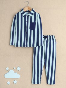 BUMZEE Pista Green & Indigo Boys Full Sleeves Cotton Night Suit