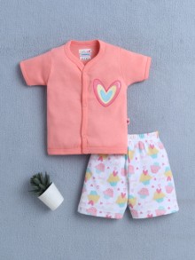BUMZEE Coral & White Baby Girls Half Sleeves Jabla & Short Set