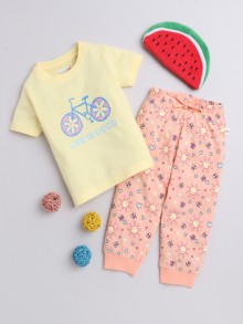BUMZEE Yellow & Peach Girls Half Sleeves T-Shirt & Pyjama Set