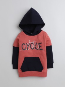 BUMZEE Brick Red & Navy Boys Full Sleeves Cotton Hooded Sweatshirt