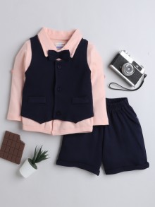 BUMZEE Navy & Peach Boys Full Sleeves Shirt Waistcoat & Short Set With Applique Bow