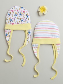 BUMZEE Yellow & Multi Baby Girls Ear Flap Tying Cap Pack Of 2