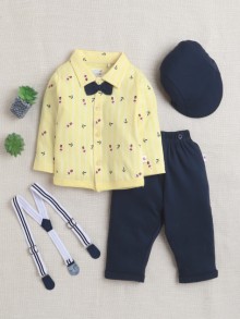 BUMZEE Navy & Yellow Boys Full Sleeves Shirt Pant Set With Suspender & Cap