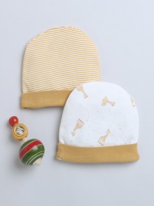 BUMZEE Mustard & White Baby Girls Round Cap Pack Of 2