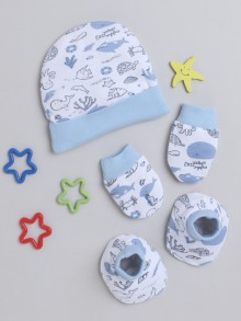 BUMZEE White & Sky Blue Boys Cotton Cap Mitten Bootie Set