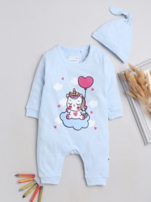 BUMZEE Light Blue Girls Full Sleeves Fashion Trendy Sleepsuit With Cap