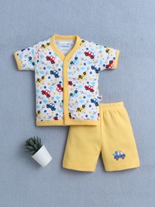 BUMZEE Yellow & White Baby Boys Half Sleeves Jabla & Short Set