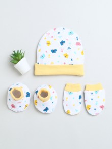 BUMZEE White & Yellow Boys Cotton Cap Mitten Bootie Set