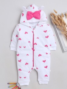 Bumzee White & Pink Girls Full Sleeves Trendy Padded Sleepsuit With Hood