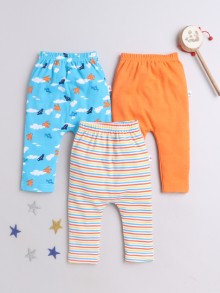 BUMZEE Blue & Orange Baby Boys Diaper Pants / Leggings / Pyjamas Pack Of 3
