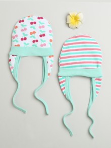 BUMZEE Mint & Multi Baby Girls Ear Flap Tying Cap Pack Of 2