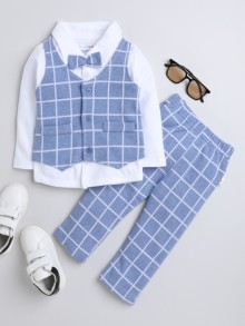 BUMZEE Sky Blue & White Boys Full Sleeves Shirt Waistcoat & Pant Set With Applique Bow