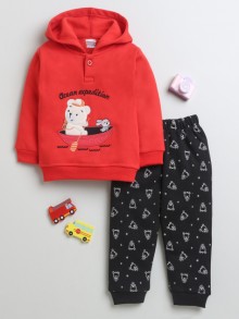 BUMZEE Red & Black Boys Full Sleeves Fleece Winter Wear Set