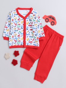 BUMZEE Red & White Baby Boys Full Sleeves Jabla & Pyjama Set