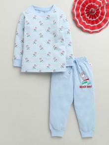 BUMZEE Sky Blue Boys Full Sleeves Cotton T-Shirt & Pyjama Set