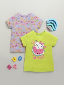 BUMZEE Lime Green & Lavender Girls Half Sleeves Cotton T-Shirts Pack Of 2