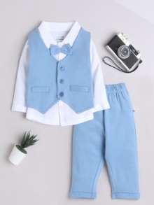 BUMZEE Powder Blue & White Boys Full Sleeves Shirt Waistcoat & Pant Set With Applique Bow