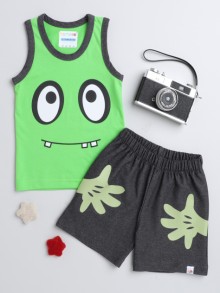 BUMZEE Green & Dark Grey Boys Sleeveless T-Shirt & Short Set