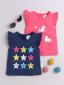 BUMZEE Navy & Pink Girls Sleeveless T-Shirts Pack Of 2