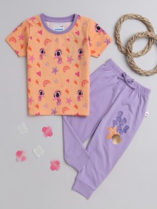 BUMZEE Orange & Purple Girls Half Sleeves T-Shirt & Pyjama Set