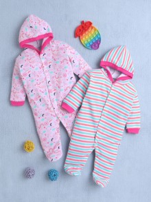 BUMZEE Pink & Multi Baby Girls Full Sleeves Sleepsuit With Hood Pack Of 2