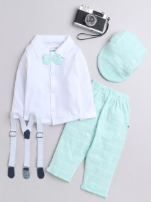 BUMZEE Mint Green & White Boys Full Sleeves Shirt Pant Set With Suspender & Cap