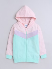 BUMZEE Green & Pink Girls  Full Sleeves Cotton Hooded Zipper Sweatshirt