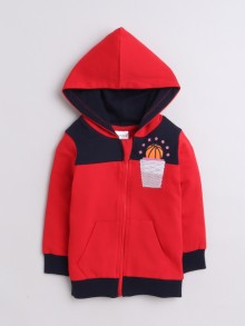 BUMZEE Navy & Red Boys Full Sleeves Cotton Hooded Sweatshirt