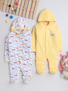 BUMZEE White & Yellow Baby Girls Full Sleeves Sleepsuit With Hood Pack Of 2