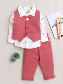 BUMZEE Red & White Boys Full Sleeves Shirt Waistcoat & Pant Set With Applique Bow