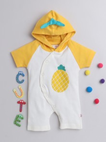 BUMZEE White & Yellow Boys Half Sleeves Thigh Length Hooded Romper