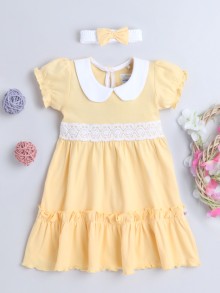 BUMZEE Yellow Girls Half Sleeves Cotton Frock With Headband