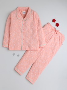 BUMZEE Peach Girls Full Sleeves Cotton Night Suit