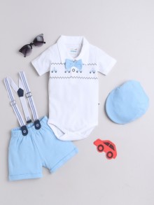 BUMZEE Sky Blue & White Boys Half Sleeves Bodysuit & Short Set With Bow Suspender & Cap