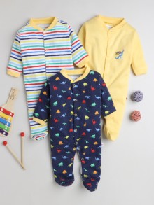 BUMZEE Navy & Yellow Baby Boys Full Sleeves Sleepsuit Pack Of 3