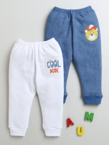 BUMZEE White & Indigo Blue Boys Cotton Thermal Joggers Pack Of 2