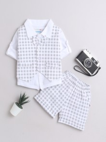 BUMZEE White & Grey Boys Full Sleeves Shirt Waistcoat & Short Set With Applique Bow