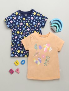 BUMZEE Navy & Peach Girls Half Sleeves Cotton T-Shirts Pack Of 2