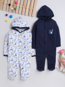 BUMZEE Navy & White Baby Boys Full Sleeves Sleepsuit With Hood Pack Of 2