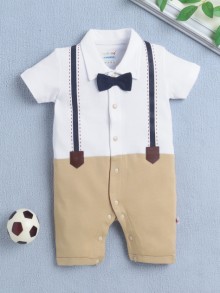 BUMZEE Beige & White Boys Half Sleeves Thigh Length Romper