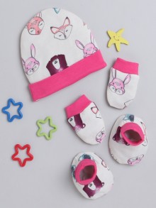 BUMZEE Off White & Pink Girls Cotton Cap Mitten Bootie Set