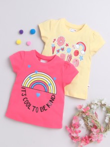 BUMZEE Pink & Yellow Girls Cap Sleeves T-Shirts Pack Of 2