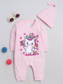 BUMZEE Light Pink Girls Full Sleeves Fashion Trendy Sleepsuit With Cap