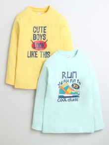 BUMZEE Yellow & Aqua Blue Boys Full Sleeves T-Shirts Pack Of 2