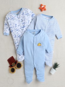 BUMZEE Sky Blue & White Baby Boys Full Sleeves Sleepsuit Pack Of 3