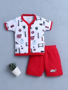 BUMZEE Red & White Baby Boys Half Sleeves Jabla & Short Set