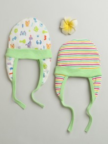 BUMZEE Green & White Baby Girls Ear Flap Tying Cap Pack Of 2